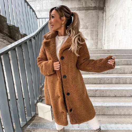 Longline Teddy Coat with Notched Collar and Button Front - Brown