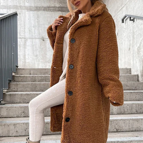Longline Teddy Coat with Notched Collar and Button Front