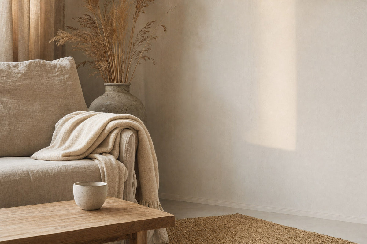 Quiet interior corner with a linen chair and a folded cream wool blanket