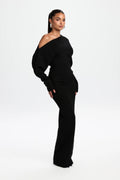 Off-Shoulder Knit Maxi Dress with Fitted Body - Black
