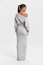 Off-Shoulder Knit Maxi Dress with Fitted Body