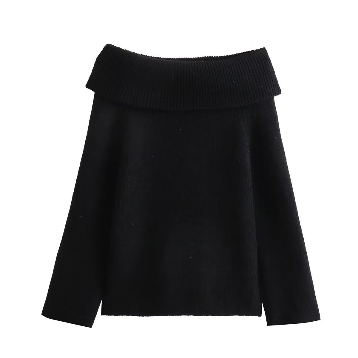 Off-Shoulder Knit Sweater with Wide Banded Neckline - Black