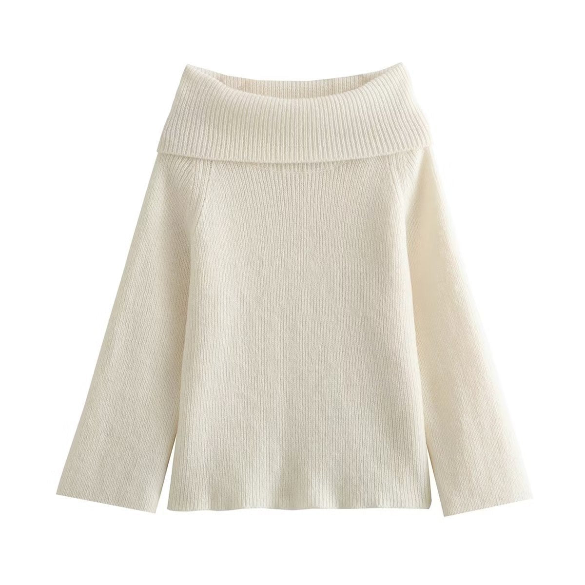 Off-Shoulder Knit Sweater with Wide Banded Neckline - White