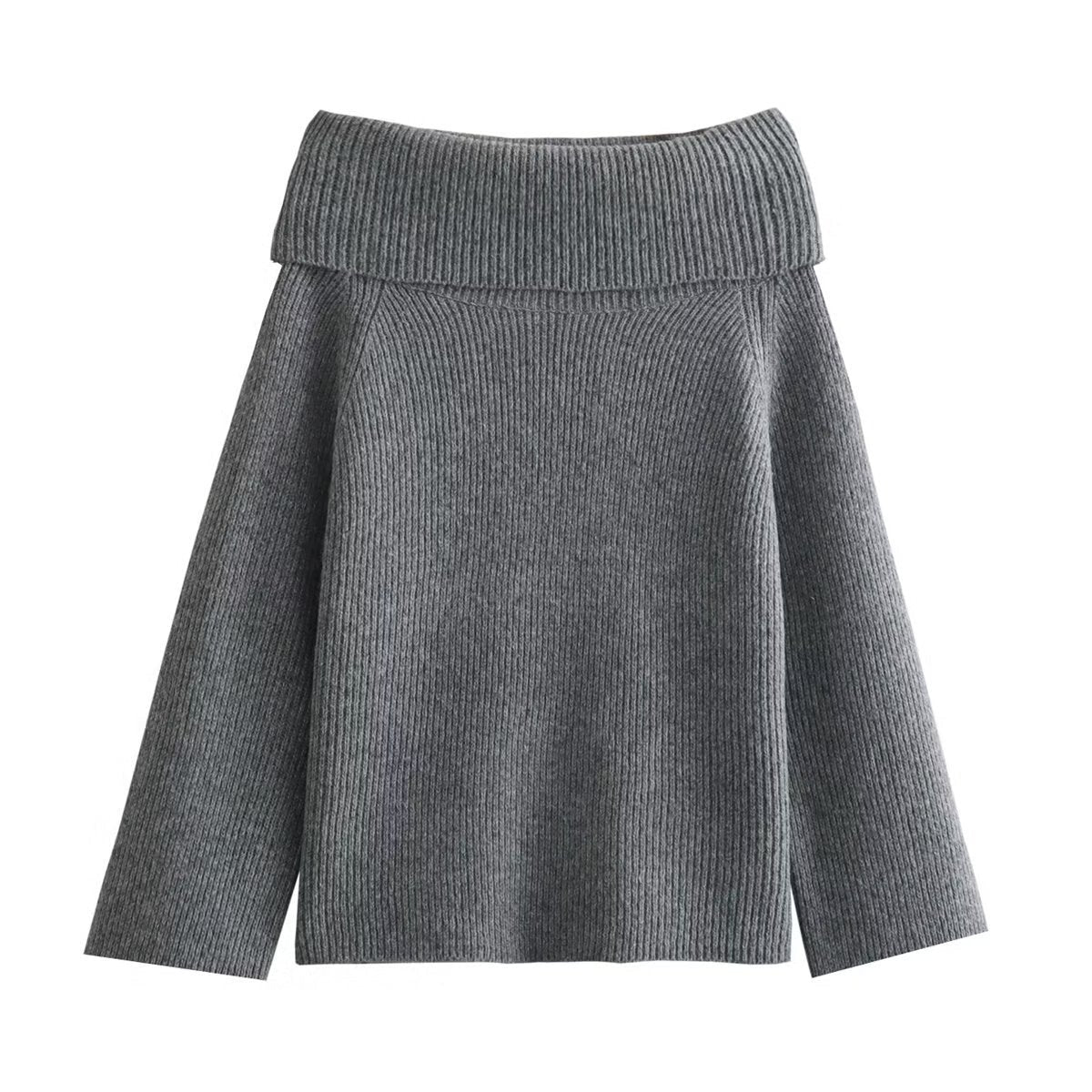 Off-Shoulder Knit Sweater with Wide Banded Neckline - Grey