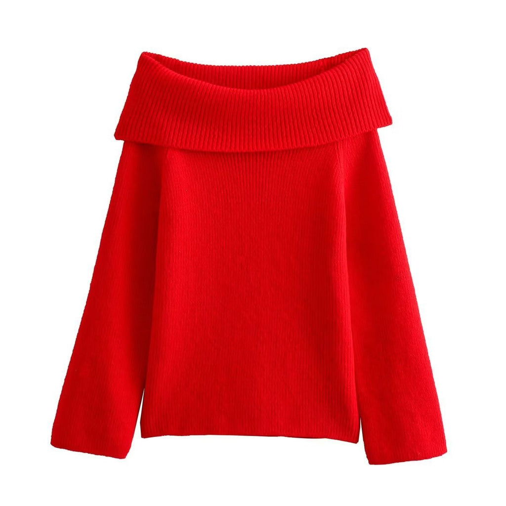 Off-Shoulder Knit Sweater with Wide Banded Neckline - Red