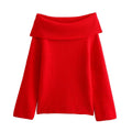 Off-Shoulder Knit Sweater with Wide Banded Neckline - Red