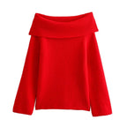Off-Shoulder Knit Sweater with Wide Banded Neckline - Red