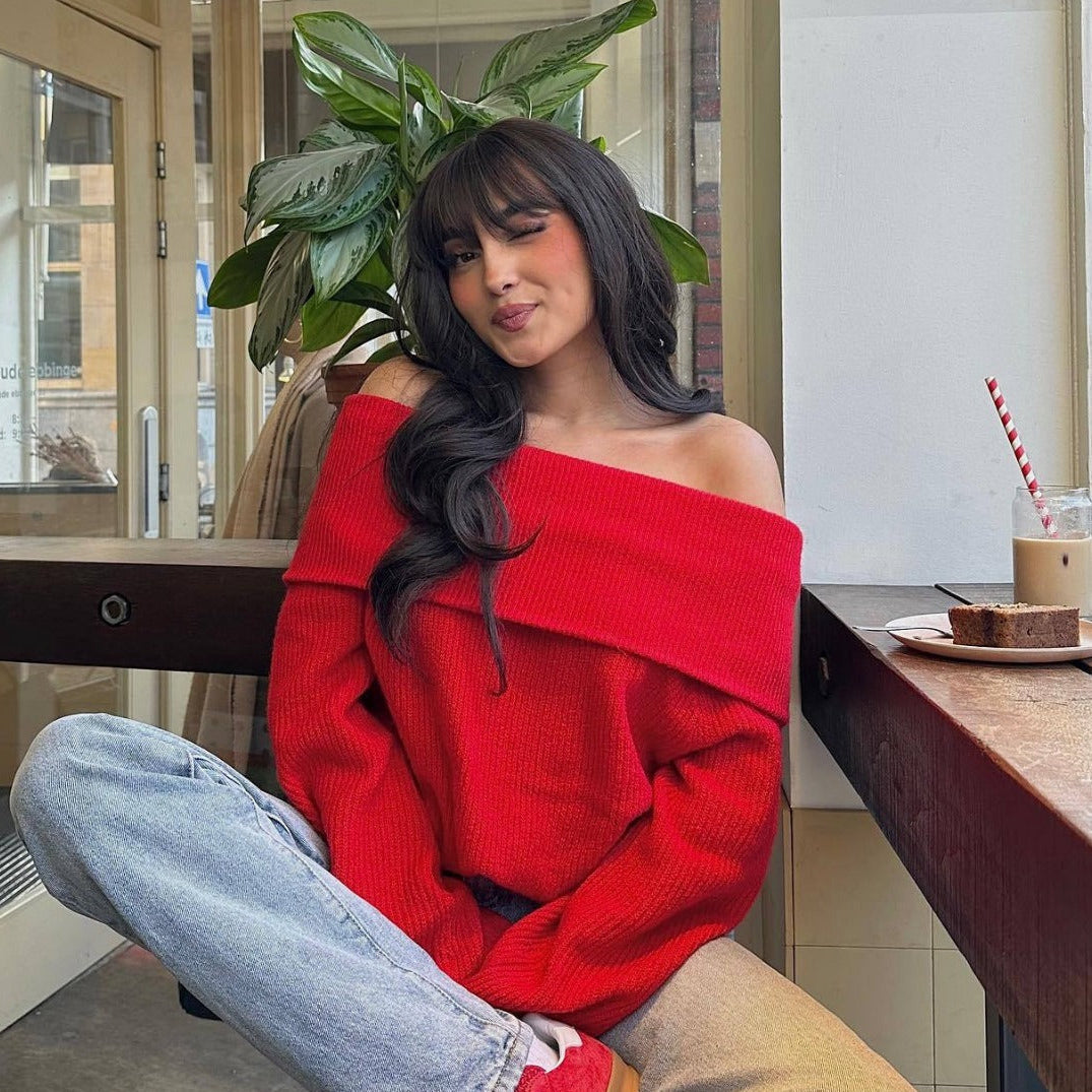 Off-Shoulder Knit Sweater with Wide Banded Neckline