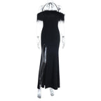 Off-Shoulder Maxi Dress with Feather Trim and Side Split
