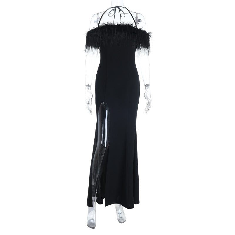 Off-Shoulder Maxi Dress with Feather Trim and Side Split