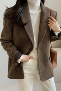 Oversized Blazer with Notched Collar and Textured Surface - Brown