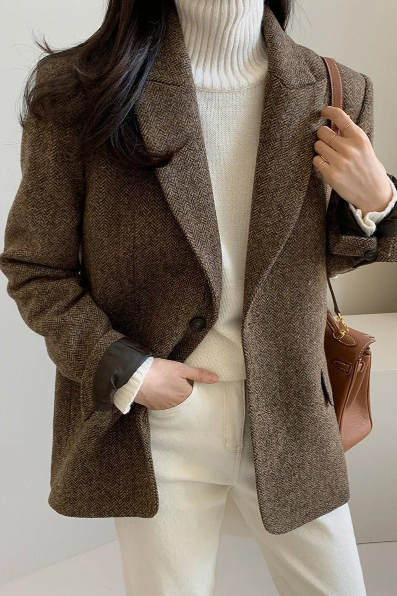 Oversized Blazer with Notched Collar and Textured Surface - Brown