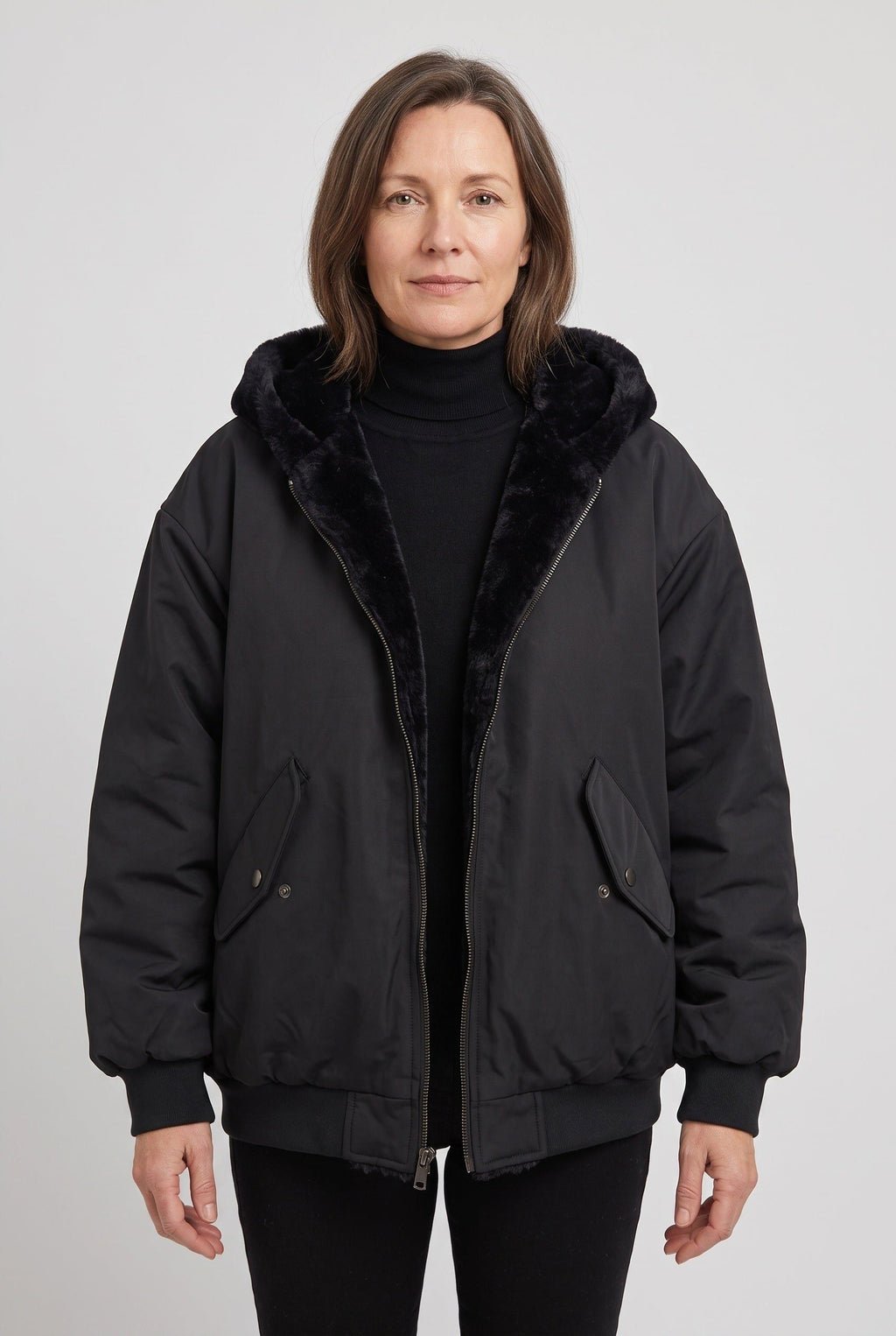 Oversized Hooded Puffer Jacket with Faux Fur Trimmed Hood - Black
