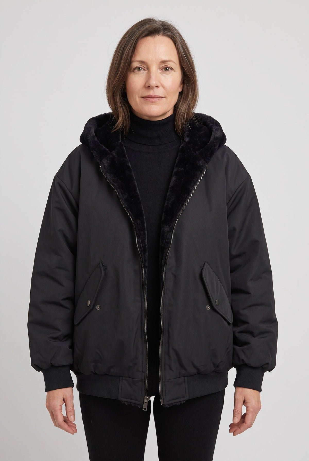 Oversized Hooded Puffer Jacket with Faux Fur Trimmed Hood - Black