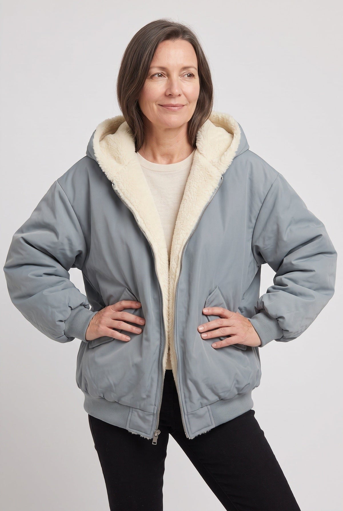 Oversized Hooded Puffer Jacket with Faux Fur Trimmed Hood - Blue