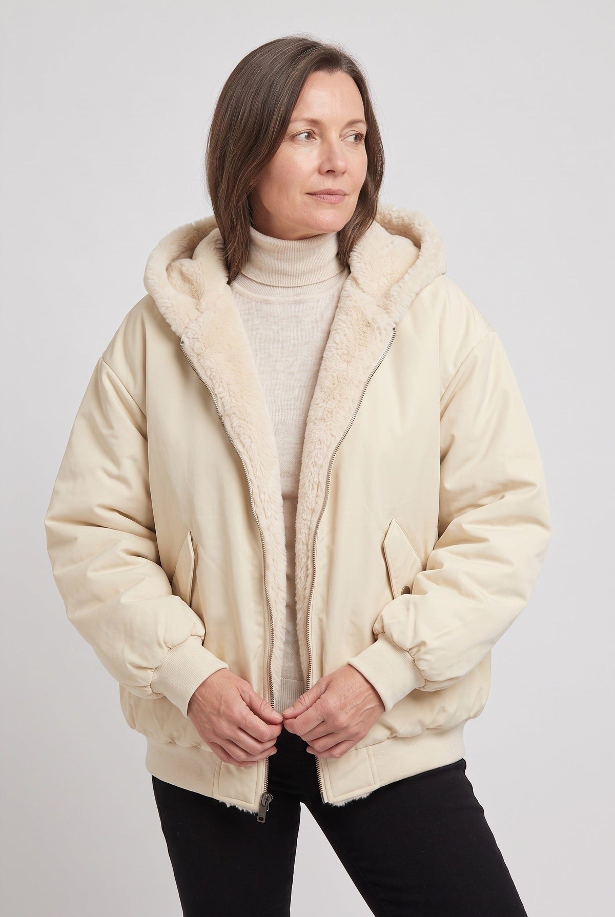 Oversized Hooded Puffer Jacket with Faux Fur Trimmed Hood - White