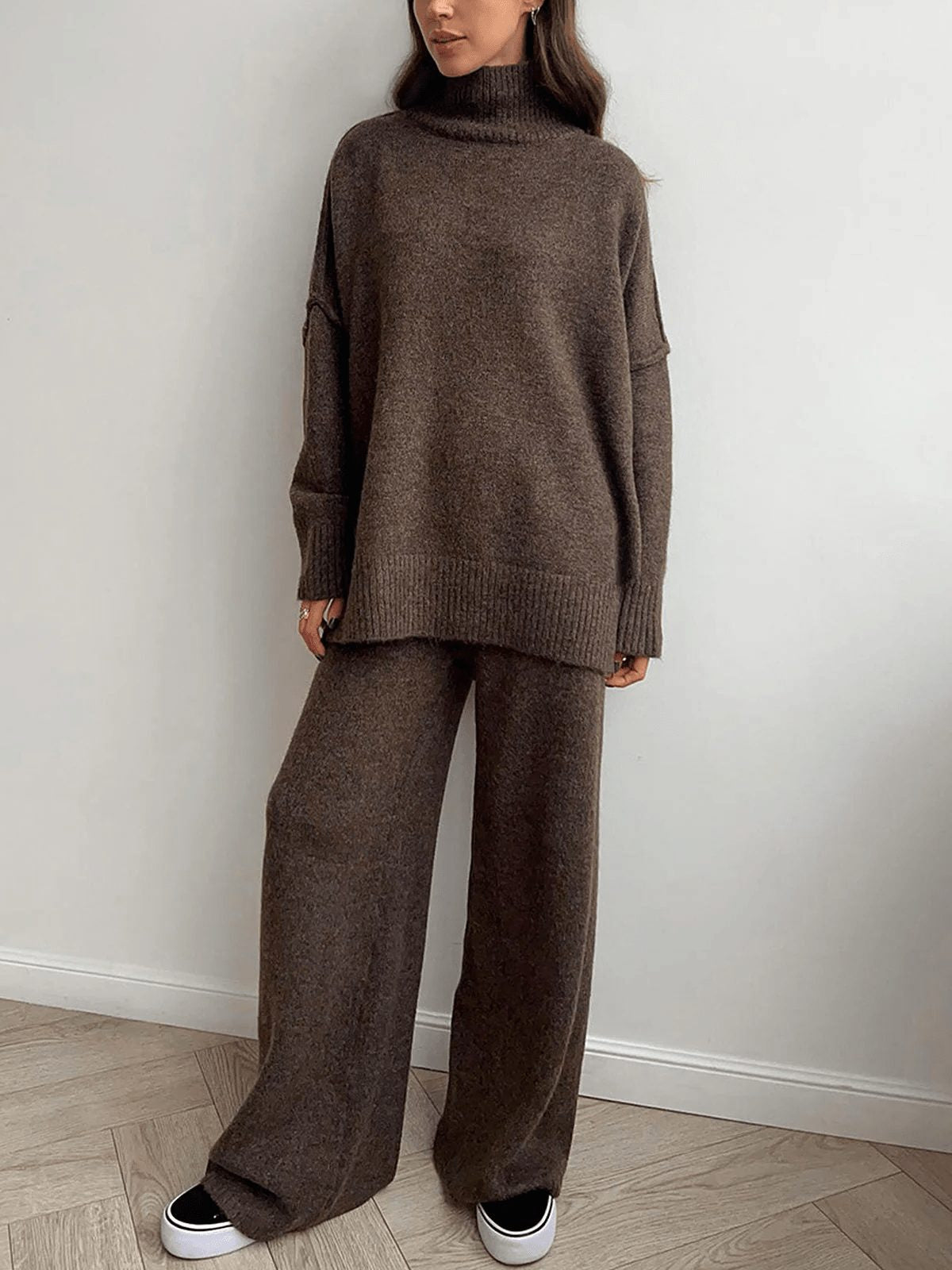 Oversized Knit Two Piece Set with Roll Neck and Wide Leg Pants - Dark Brown