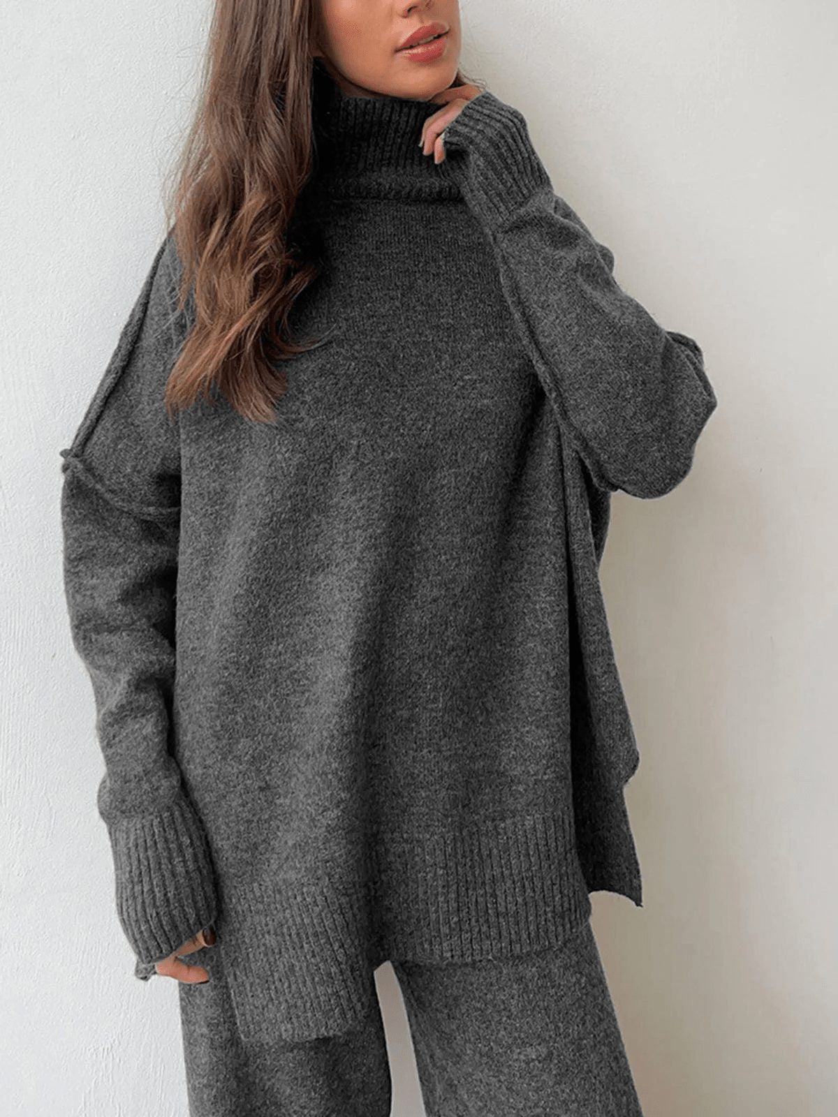 Oversized Knit Two Piece Set with Roll Neck and Wide Leg Pants - Grey