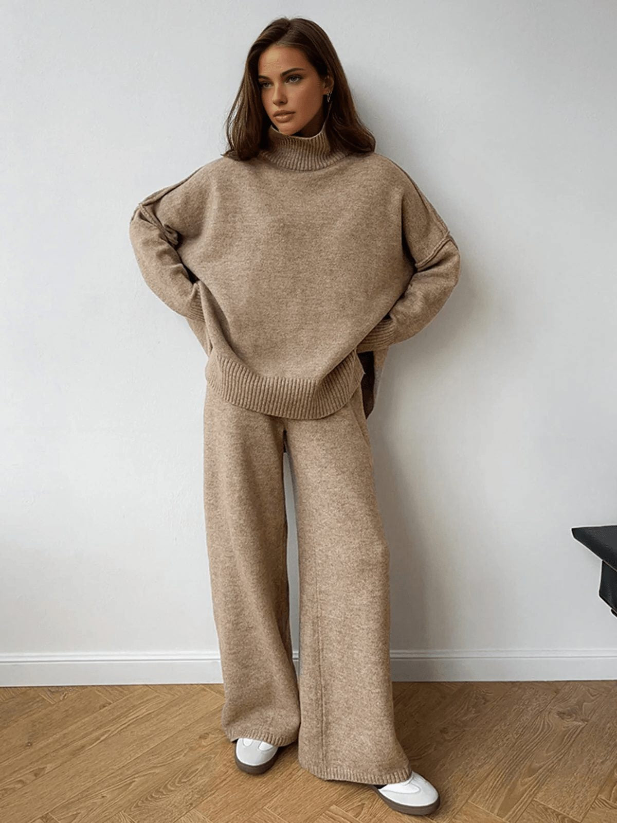 Oversized Knit Two Piece Set with Roll Neck and Wide Leg Pants - Brown
