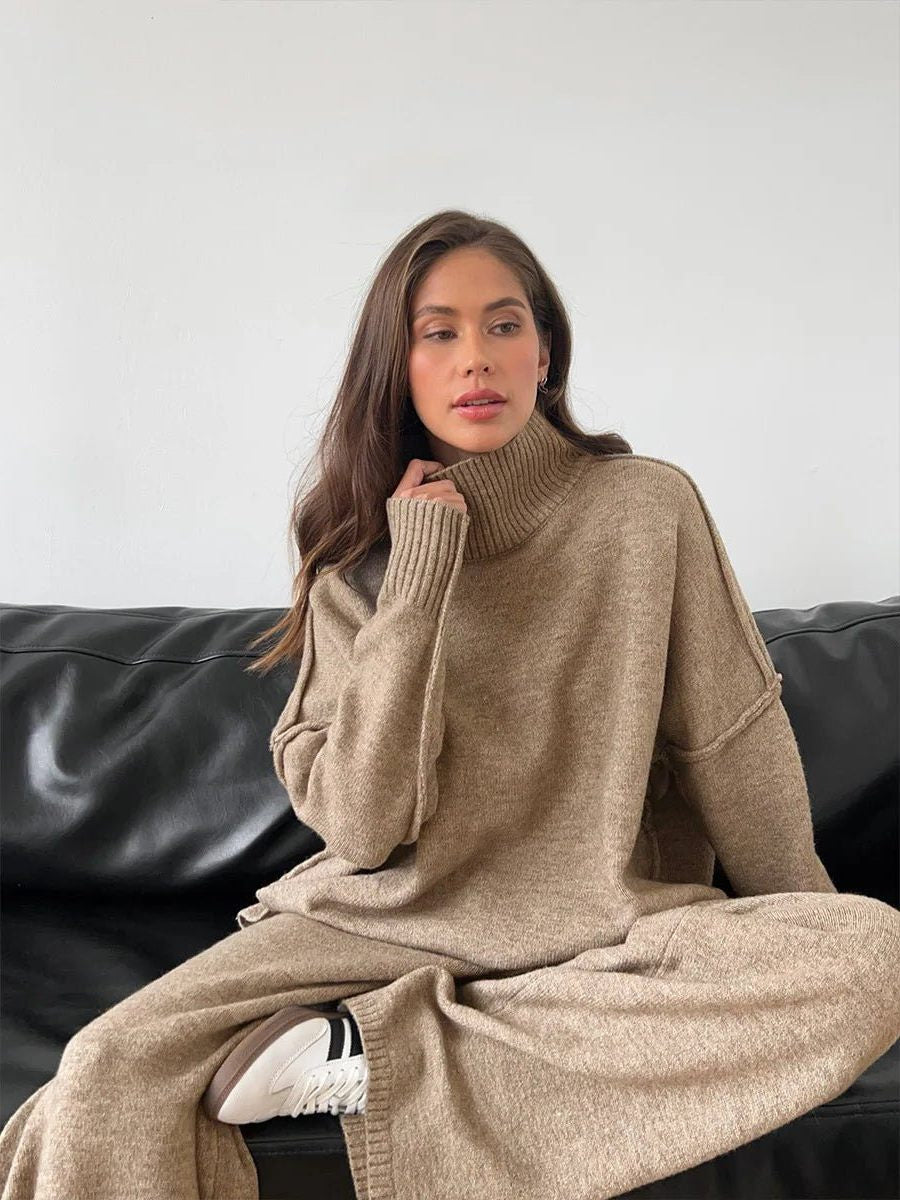 Oversized Knit Two Piece Set with Roll Neck and Wide Leg Pants