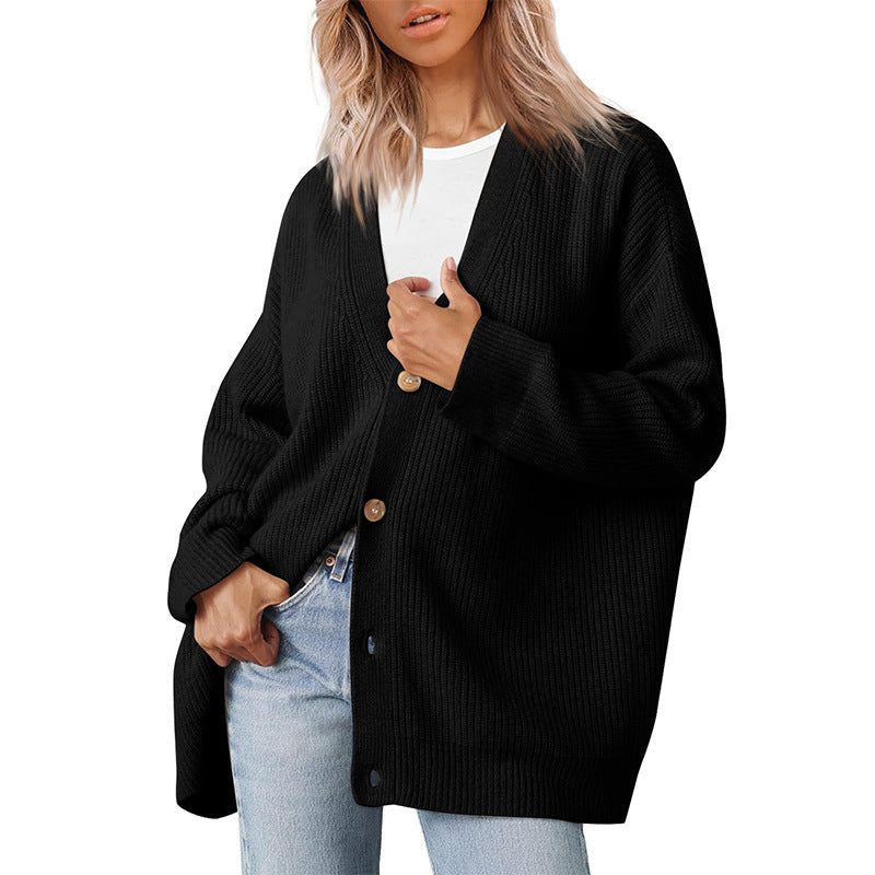 Oversized Ribbed Knit Cardigan with Button Front - Black