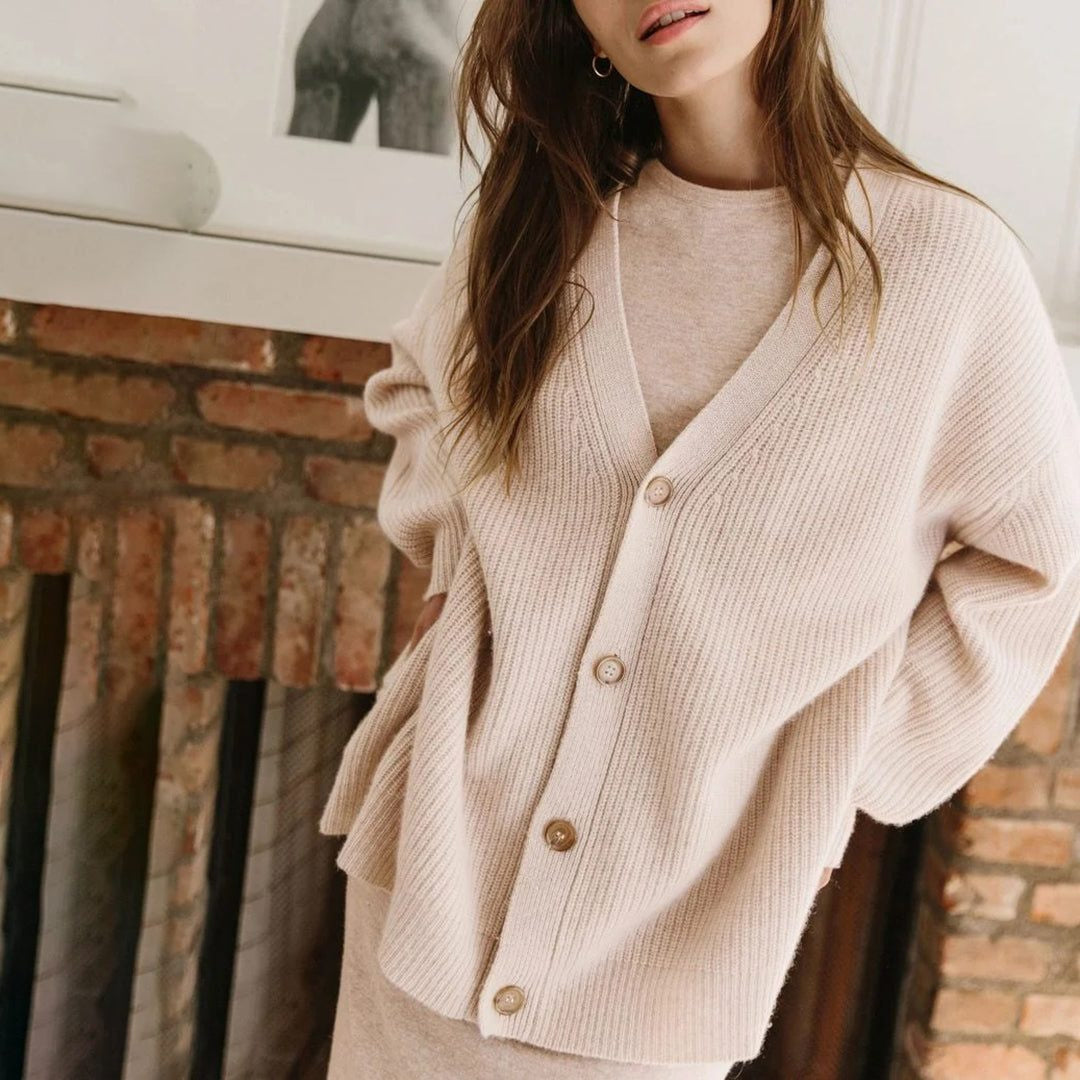 Oversized Ribbed Knit Cardigan with Button Front - Pink