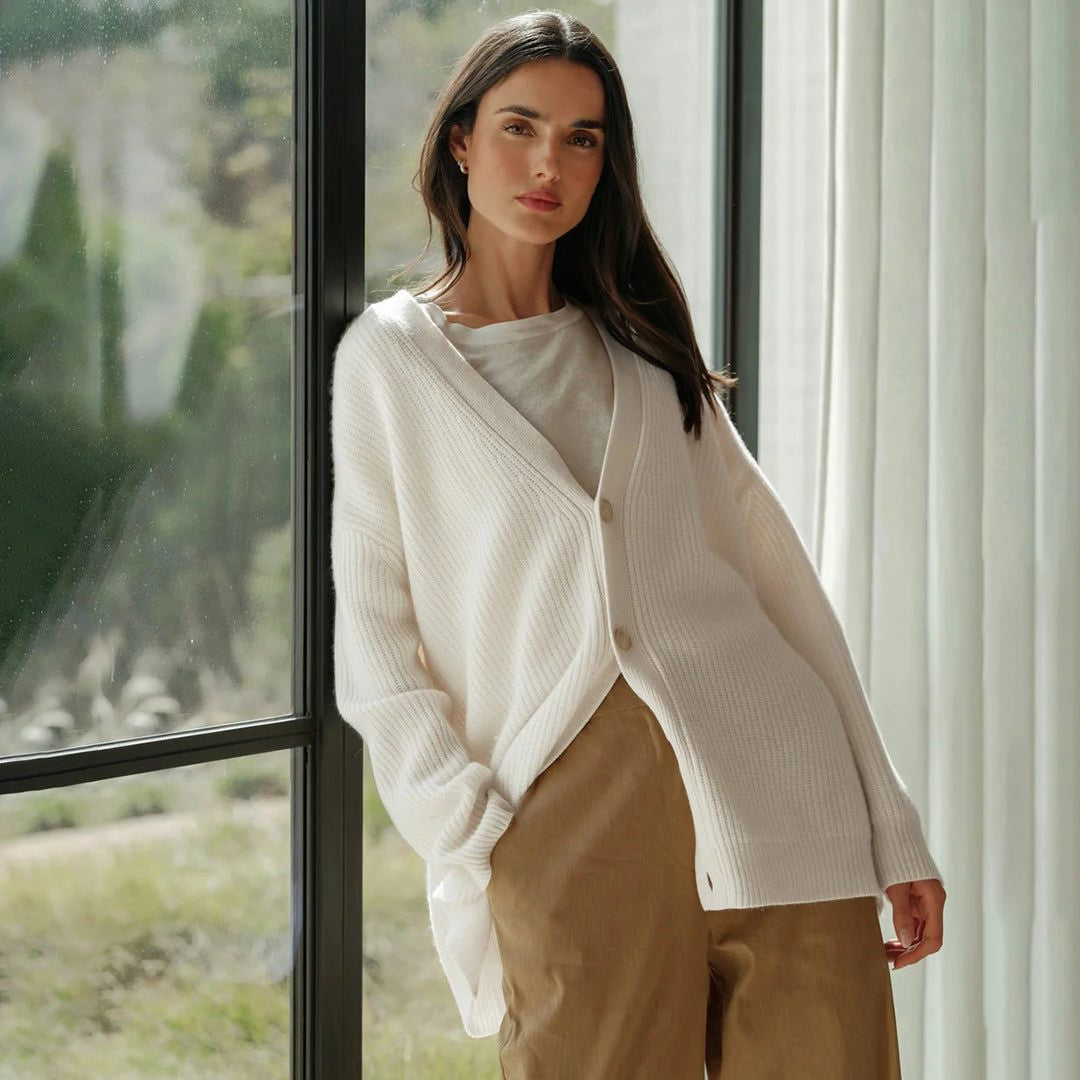 Oversized Ribbed Knit Cardigan with Button Front - White