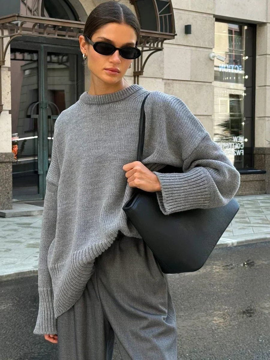 Oversized Ribbed Knit Crew Neck Sweater for Everyday Layering - Grey
