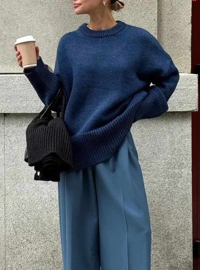 Oversized Ribbed Knit Crew Neck Sweater for Everyday Layering