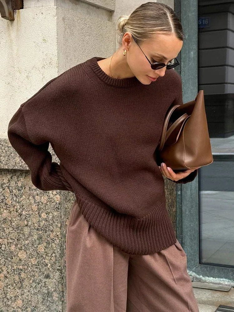Oversized Ribbed Knit Crew Neck Sweater for Everyday Layering - Brown