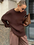 Oversized Ribbed Knit Crew Neck Sweater for Everyday Layering - Brown