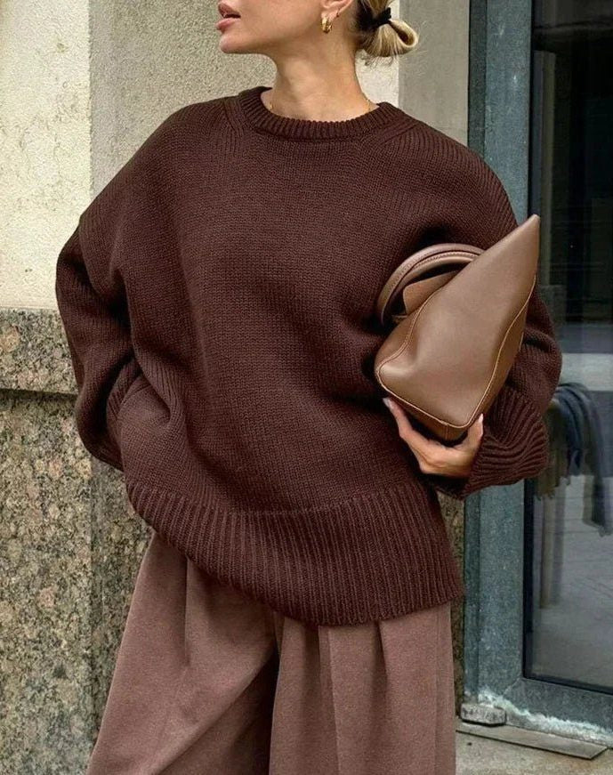 Oversized Ribbed Knit Crew Neck Sweater for Everyday Layering