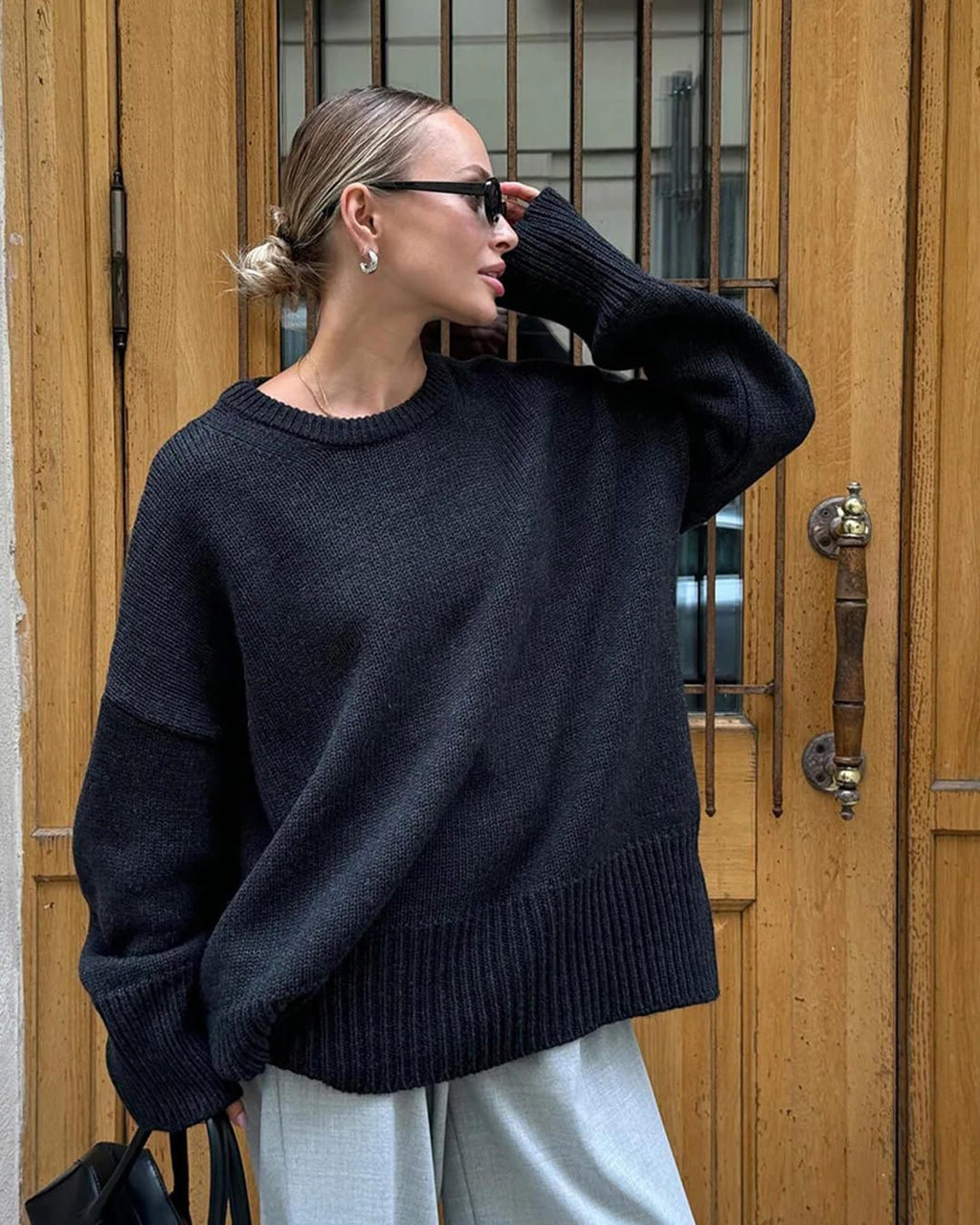Oversized Ribbed Knit Crew Neck Sweater for Everyday Layering