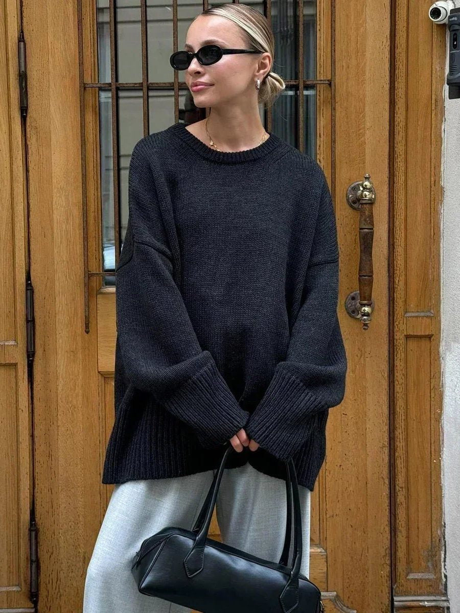 Oversized Ribbed Knit Crew Neck Sweater for Everyday Layering - Black
