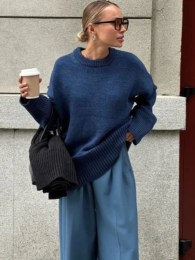 Oversized Ribbed Knit Crew Neck Sweater for Everyday Layering - Blue