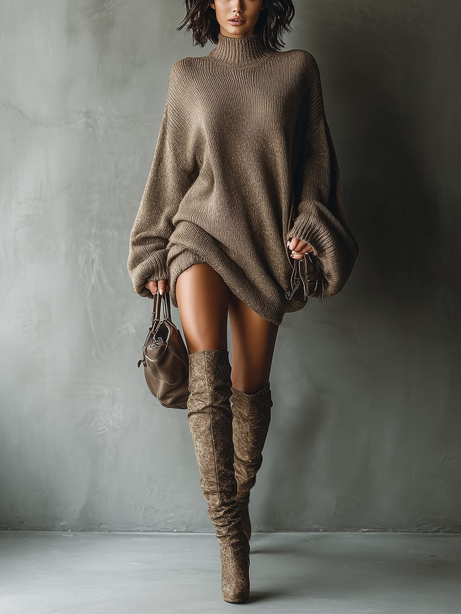 Oversized Ribbed Knit Mini Dress with Roll Neck