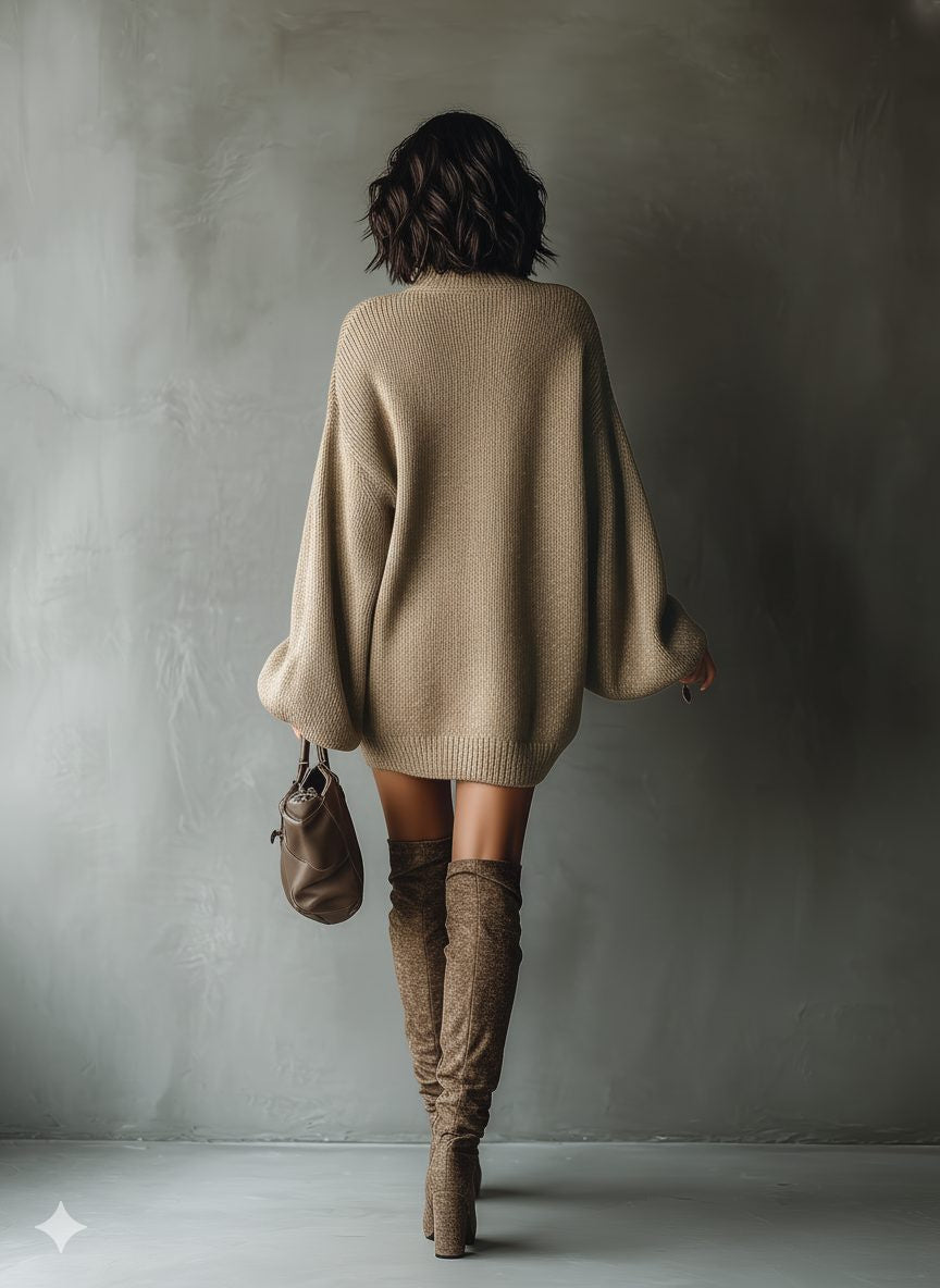 Oversized Ribbed Knit Mini Dress with Roll Neck