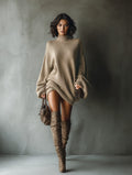 Oversized Ribbed Knit Mini Dress with Roll Neck - Caramel Brown