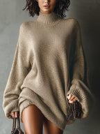 Oversized Ribbed Knit Mini Dress with Roll Neck