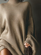Oversized Ribbed Knit Mini Dress with Roll Neck