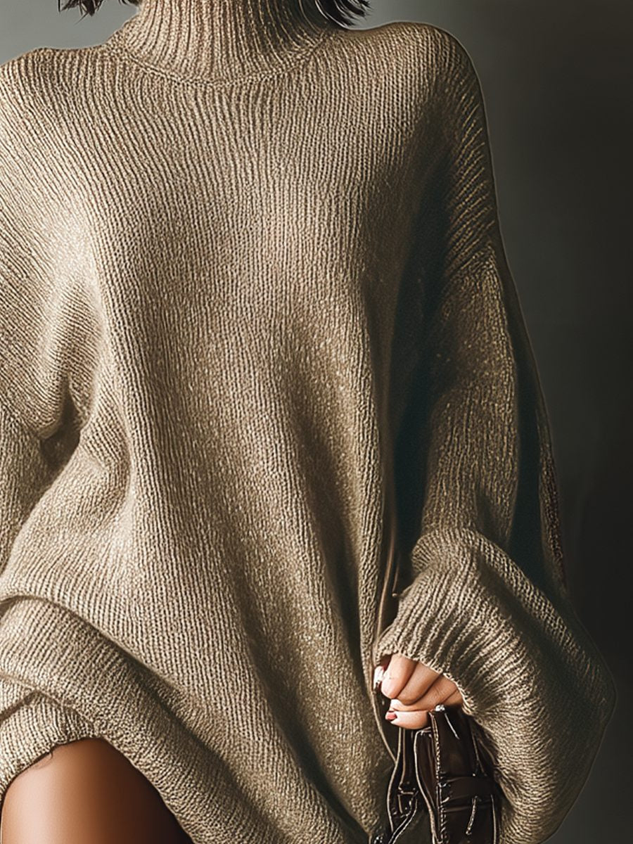Oversized Ribbed Knit Mini Dress with Roll Neck