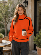 Oversized Ribbed Knit Turtleneck Sweater with Contrast Trim