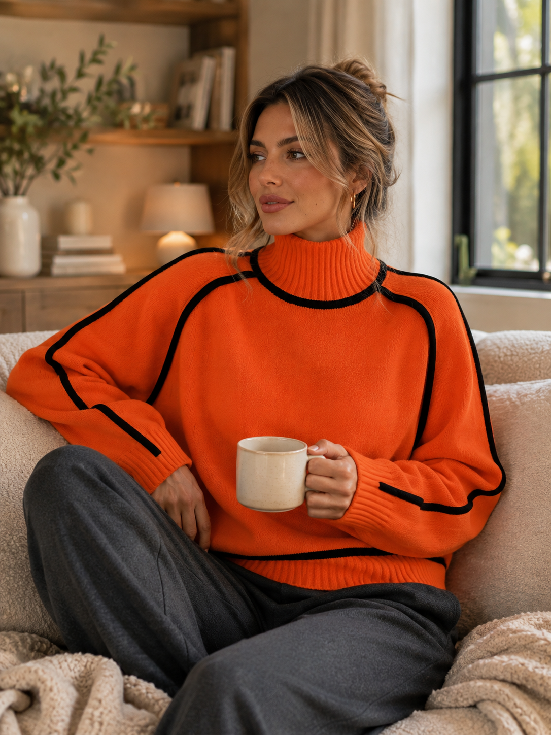 Oversized Ribbed Knit Turtleneck Sweater with Contrast Trim - Orange