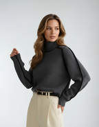 Oversized Ribbed Knit Turtleneck Sweater with Contrast Trim