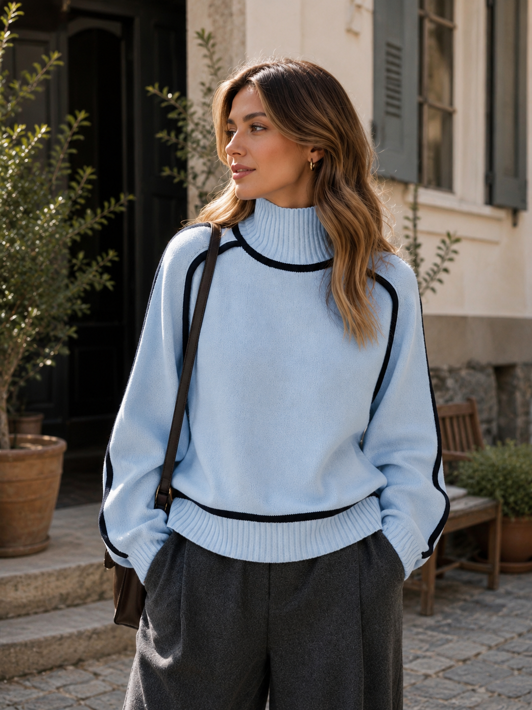 Oversized Ribbed Knit Turtleneck Sweater with Contrast Trim - Light Blue