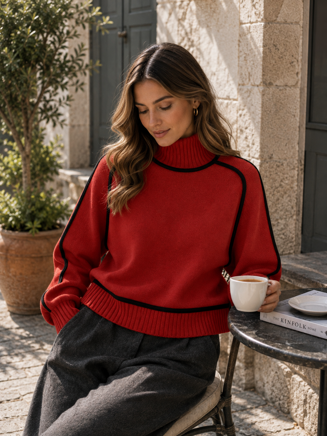 Oversized Ribbed Knit Turtleneck Sweater with Contrast Trim - Red