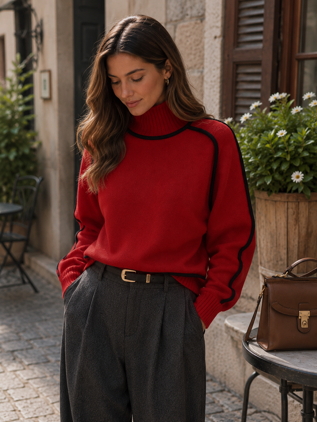 Oversized Ribbed Knit Turtleneck Sweater with Contrast Trim