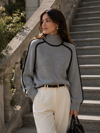 Oversized Ribbed Knit Turtleneck Sweater with Contrast Trim