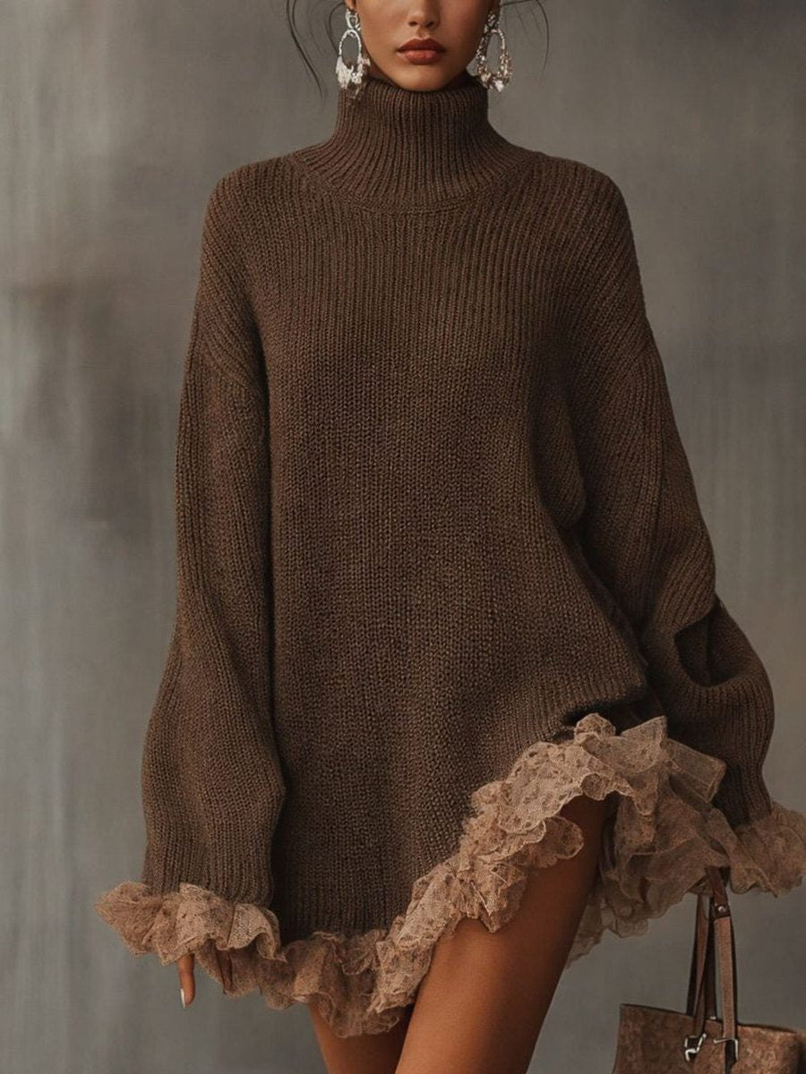 Oversized Roll Neck Knit Dress with Lace Ruffle Hem - Brown