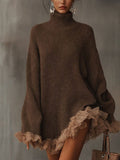 Oversized Roll Neck Knit Dress with Lace Ruffle Hem - Brown